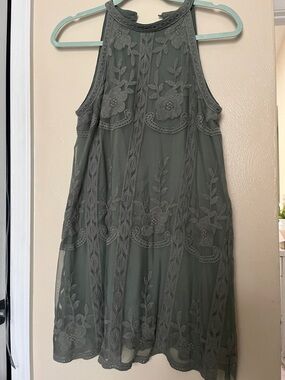 Sleeveless Embroidered Olive Green Dress